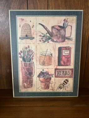 Garden Herbs - Floral Bee Watering Can Art - wall hanger on back